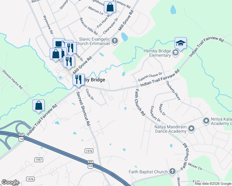 map of restaurants, bars, coffee shops, grocery stores, and more near 6666 Indian Trail Fairview Road in Indian Trail
