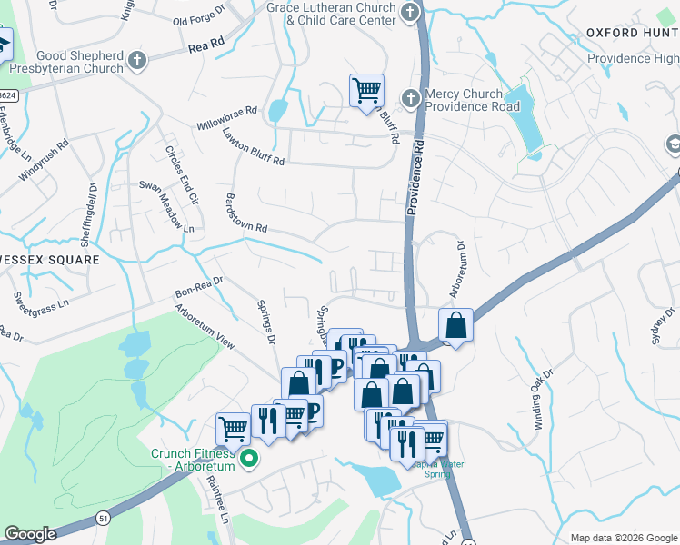 map of restaurants, bars, coffee shops, grocery stores, and more near 3317 Luke Crossing Drive in Charlotte