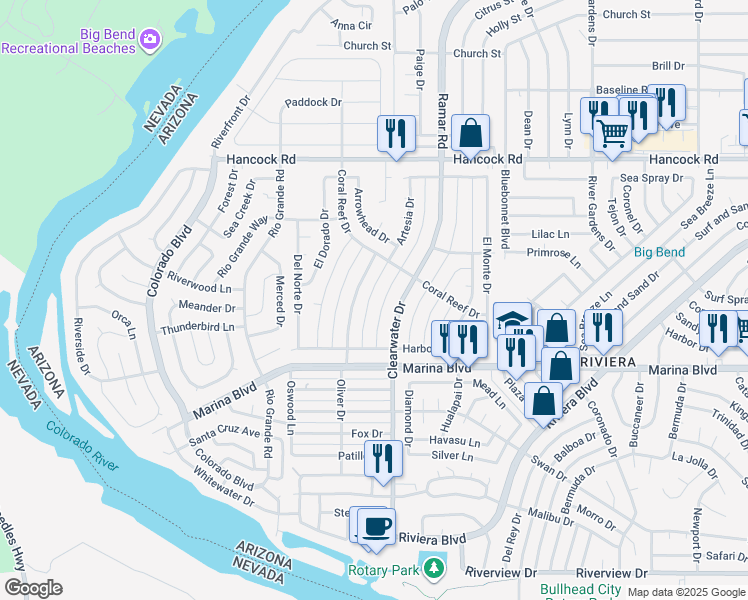 map of restaurants, bars, coffee shops, grocery stores, and more near 1900 Artesia Drive in Bullhead City