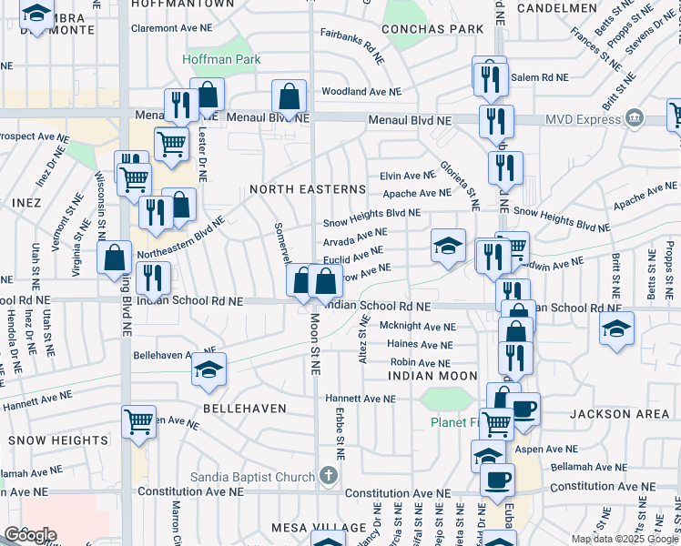 map of restaurants, bars, coffee shops, grocery stores, and more near 9407 Morrow Avenue Northeast in Albuquerque