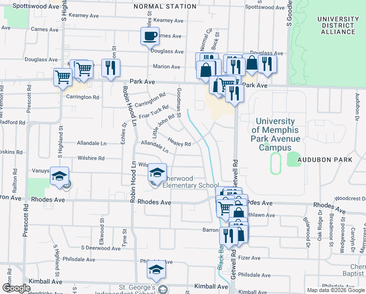 map of restaurants, bars, coffee shops, grocery stores, and more near 3811 Healey Road in Memphis