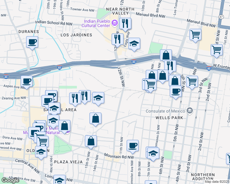map of restaurants, bars, coffee shops, grocery stores, and more near 1235 Aspen Avenue Northwest in Albuquerque