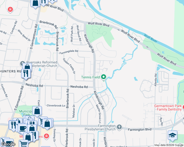 map of restaurants, bars, coffee shops, grocery stores, and more near 1687 Kimbrough Road in Germantown