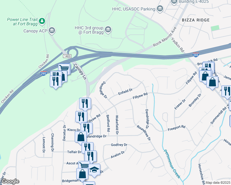 map of restaurants, bars, coffee shops, grocery stores, and more near 7142 Enfield Drive in Fayetteville