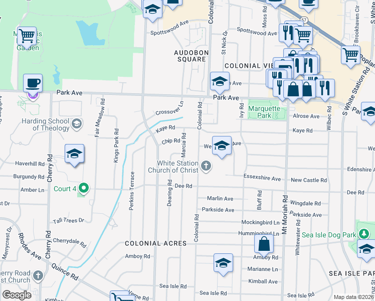 map of restaurants, bars, coffee shops, grocery stores, and more near 1050 Marcia Road in Memphis
