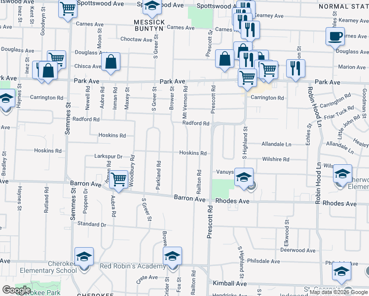 map of restaurants, bars, coffee shops, grocery stores, and more near 1048 Brower Street in Memphis