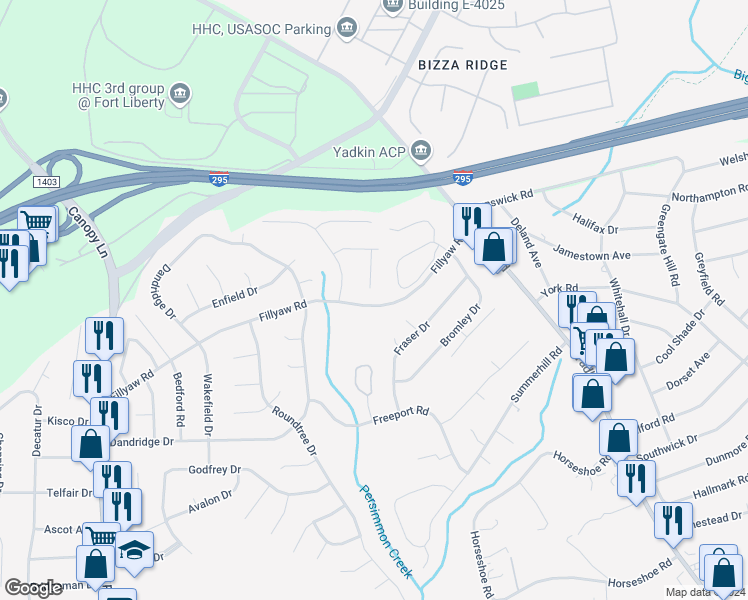 map of restaurants, bars, coffee shops, grocery stores, and more near 800 Rumford Place in Fayetteville