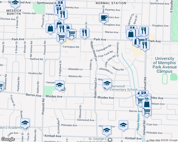 map of restaurants, bars, coffee shops, grocery stores, and more near 3635 Allandale Road in Memphis