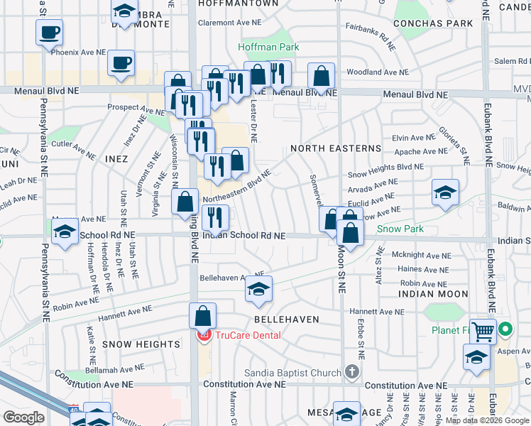 map of restaurants, bars, coffee shops, grocery stores, and more near 1820 Lester Drive Northeast in Albuquerque