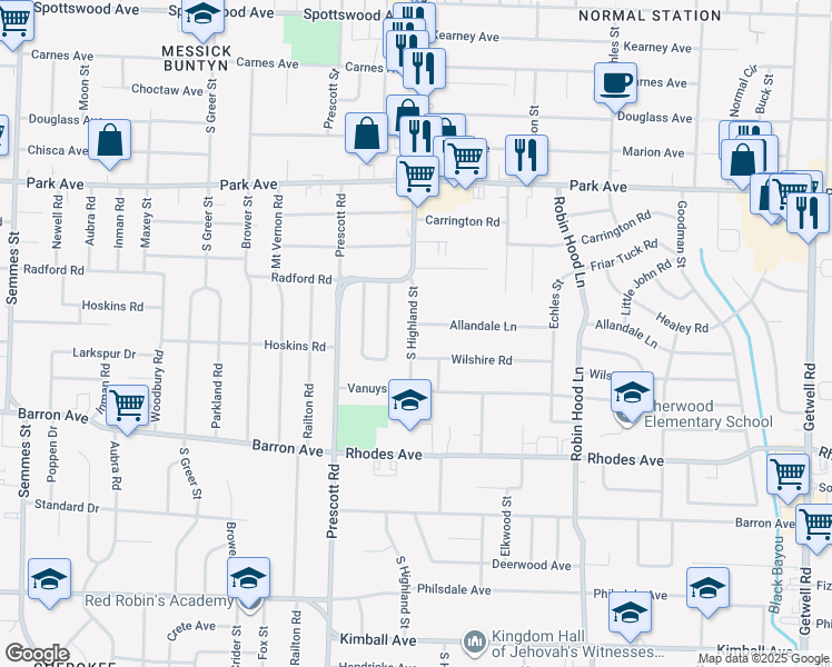 map of restaurants, bars, coffee shops, grocery stores, and more near 1040 South Highland Street in Memphis