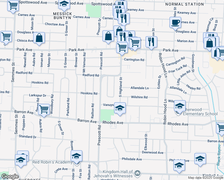 map of restaurants, bars, coffee shops, grocery stores, and more near 1049 East Walthal Circle in Memphis
