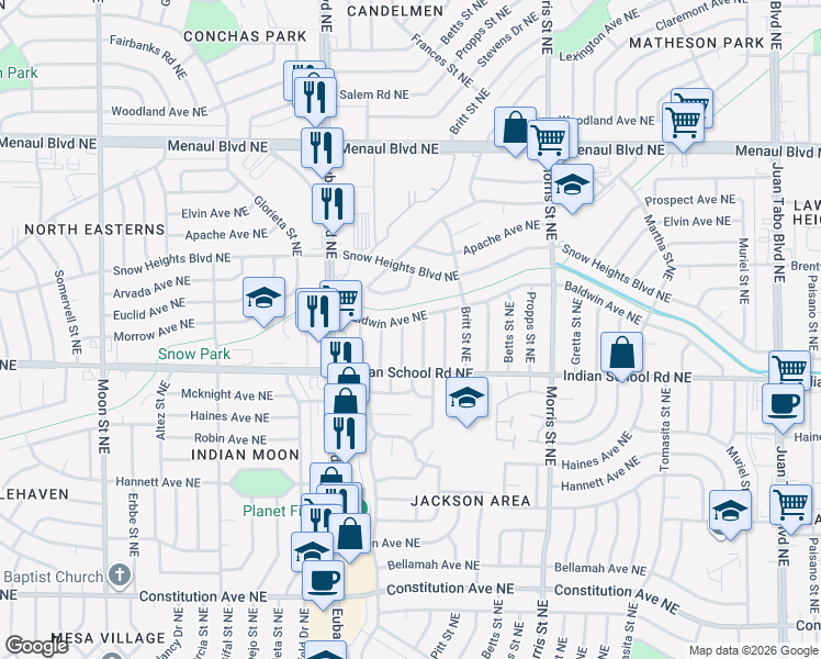 map of restaurants, bars, coffee shops, grocery stores, and more near 1828 Christine Street Northeast in Albuquerque