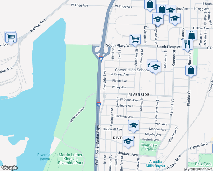 map of restaurants, bars, coffee shops, grocery stores, and more near 1638 Riverside Boulevard in Memphis