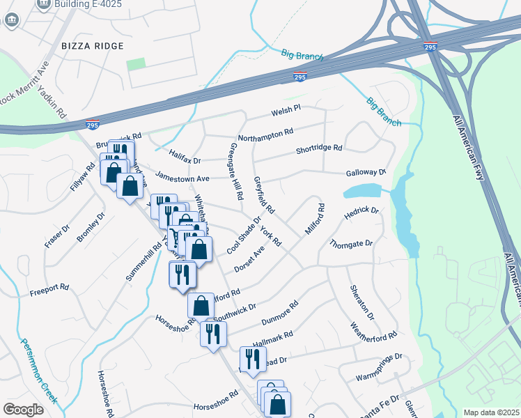 map of restaurants, bars, coffee shops, grocery stores, and more near 6401 Greyfield Road in Fayetteville