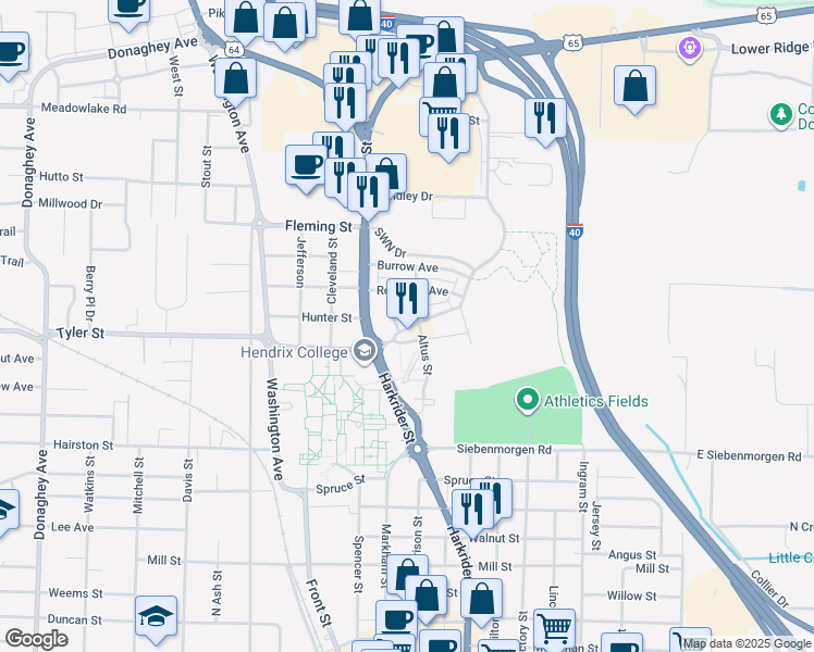 map of restaurants, bars, coffee shops, grocery stores, and more near 1050 Ellis Avenue in Conway