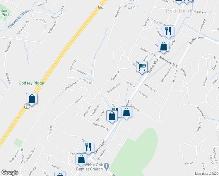 map of restaurants, bars, coffee shops, grocery stores, and more near 2619 Simpson Avenue in Chattanooga