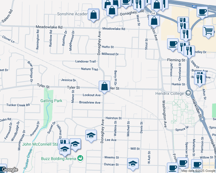 map of restaurants, bars, coffee shops, grocery stores, and more near 1701 Marilyn Drive in Conway
