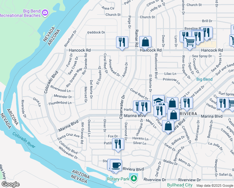 map of restaurants, bars, coffee shops, grocery stores, and more near 1900 Artesia Drive in Bullhead City