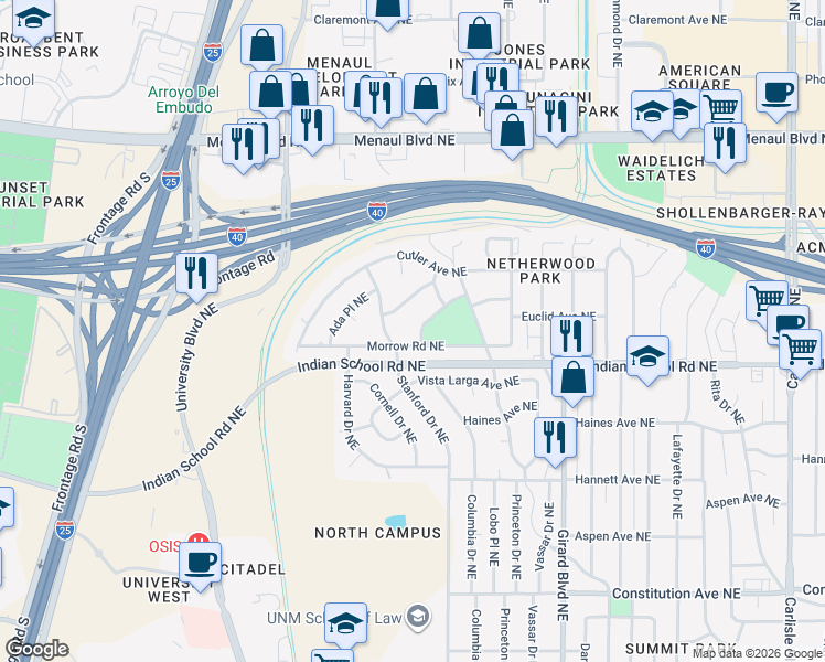 map of restaurants, bars, coffee shops, grocery stores, and more near 2503 Schell Court Northeast in Albuquerque