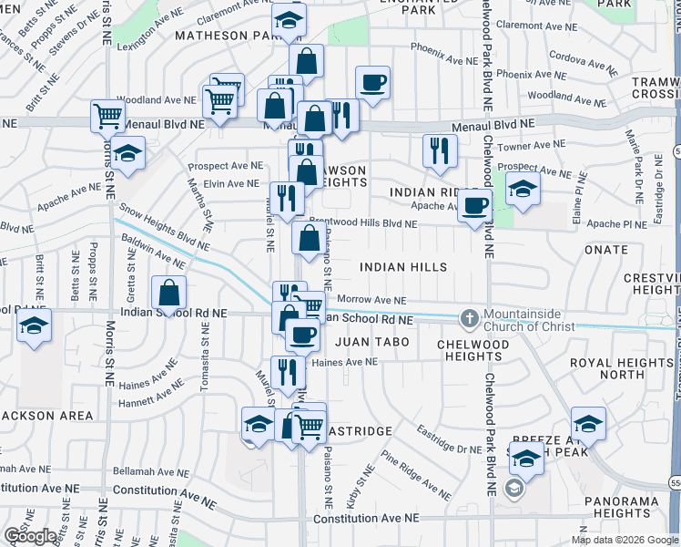 map of restaurants, bars, coffee shops, grocery stores, and more near 11909 Euclid Court Northeast in Albuquerque