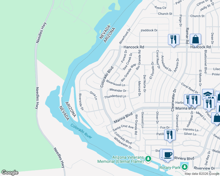 map of restaurants, bars, coffee shops, grocery stores, and more near 301 Meander Drive in Bullhead City