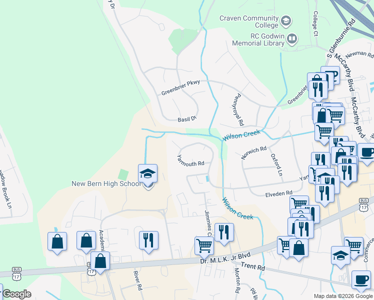 map of restaurants, bars, coffee shops, grocery stores, and more near 4109 Yarmouth Road in New Bern