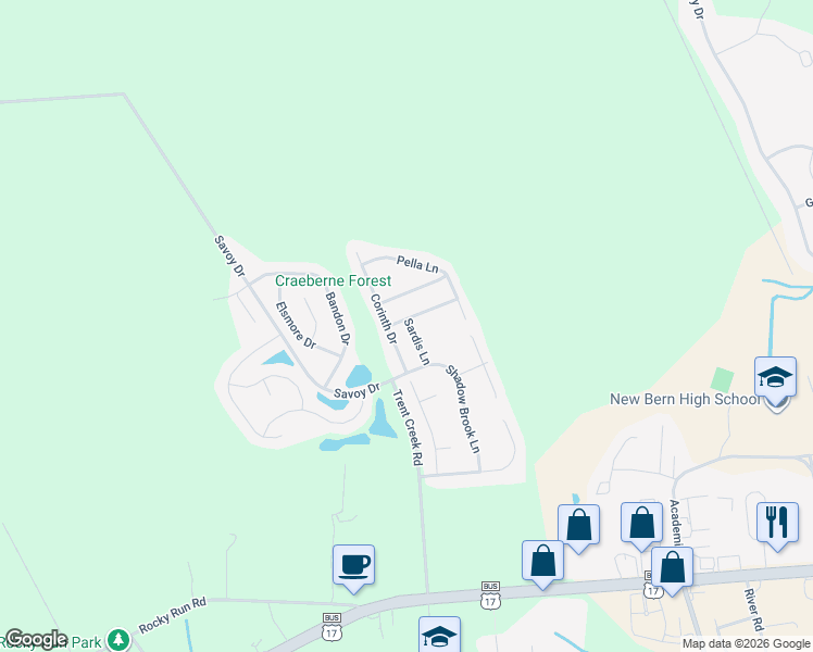 map of restaurants, bars, coffee shops, grocery stores, and more near 111 Sardis Lane in New Bern