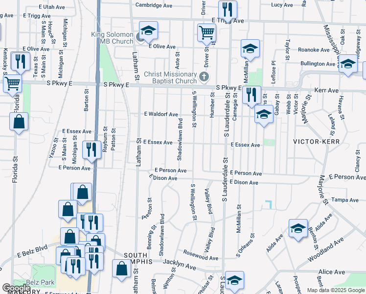 map of restaurants, bars, coffee shops, grocery stores, and more near 1614 Shadowlawn Boulevard in Memphis