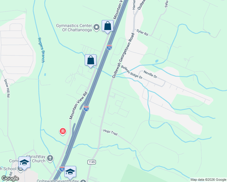 map of restaurants, bars, coffee shops, grocery stores, and more near 6615 Ooltewah Georgetown Road in Ooltewah