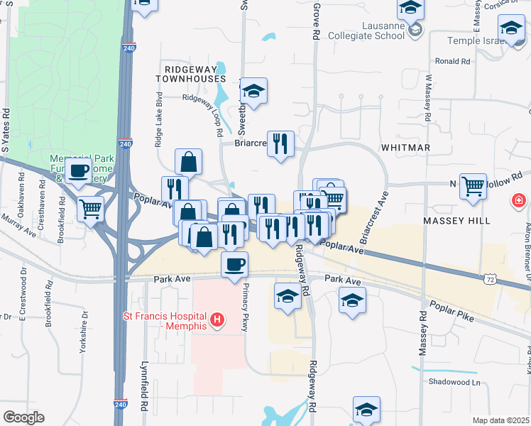 map of restaurants, bars, coffee shops, grocery stores, and more near 6000 Poplar Avenue in Memphis