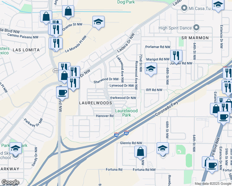 map of restaurants, bars, coffee shops, grocery stores, and more near 7524 Maplewood Drive Northwest in Albuquerque