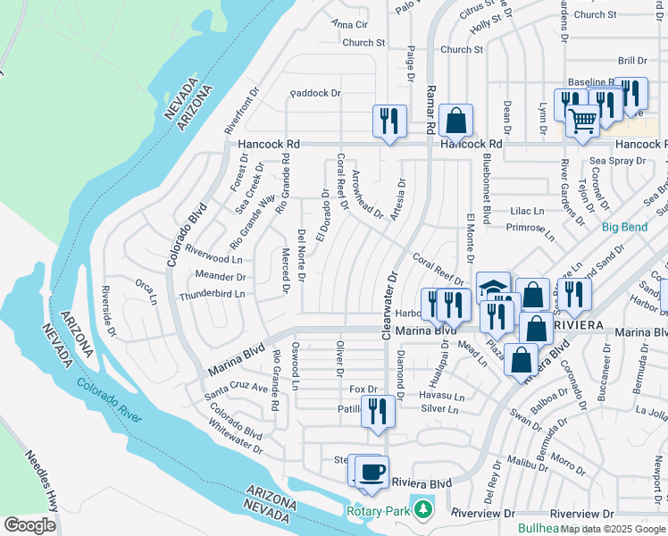 map of restaurants, bars, coffee shops, grocery stores, and more near 1899 Montclair Drive in Bullhead City