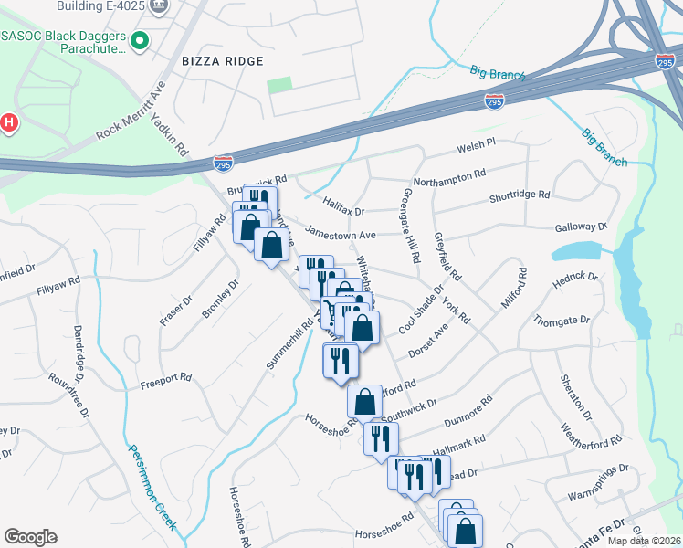 map of restaurants, bars, coffee shops, grocery stores, and more near 420 York Road in Fayetteville