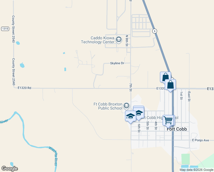 map of restaurants, bars, coffee shops, grocery stores, and more near 811 Fast Runner Road in Fort Cobb