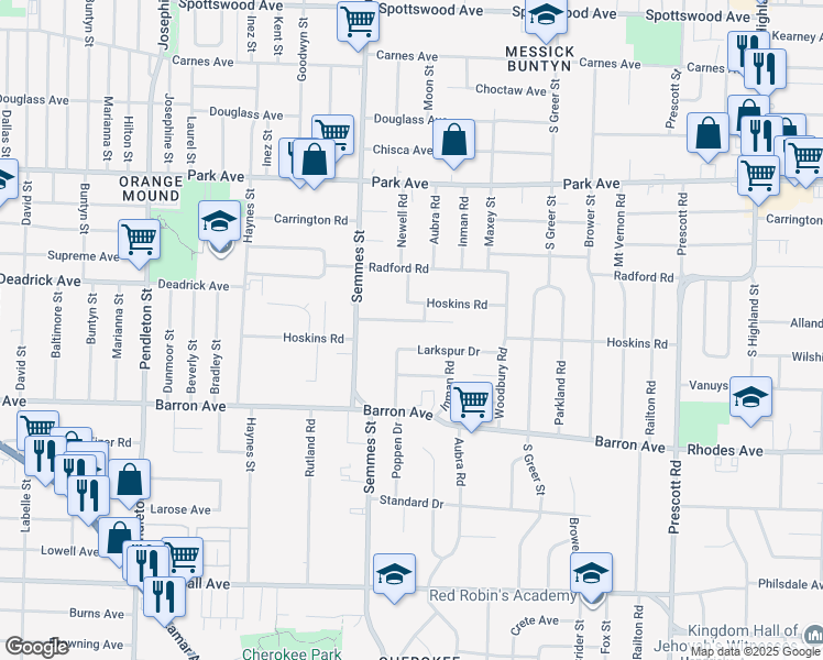 map of restaurants, bars, coffee shops, grocery stores, and more near 3095 Hoskins Road in Memphis