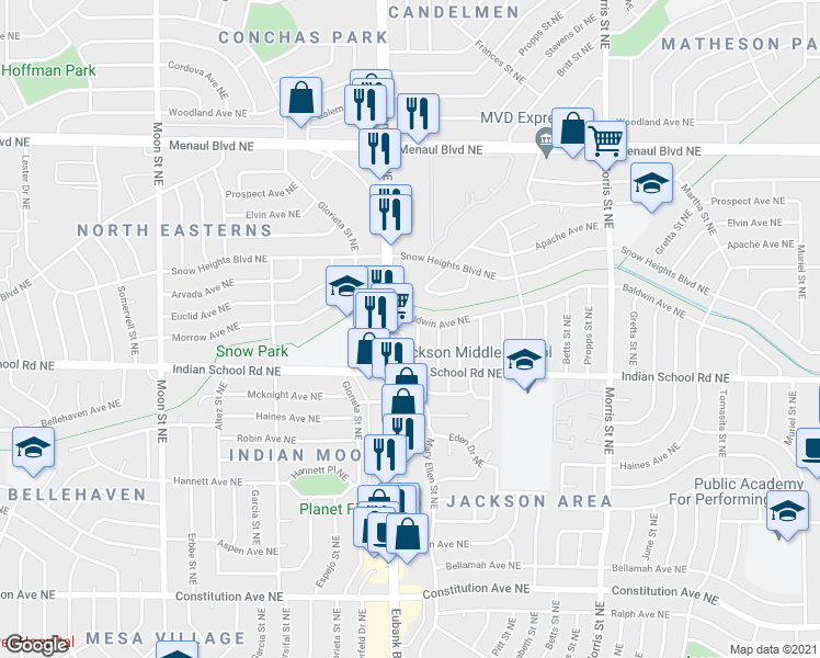 map of restaurants, bars, coffee shops, grocery stores, and more near 1824 Mary Ellen Street Northeast in Albuquerque