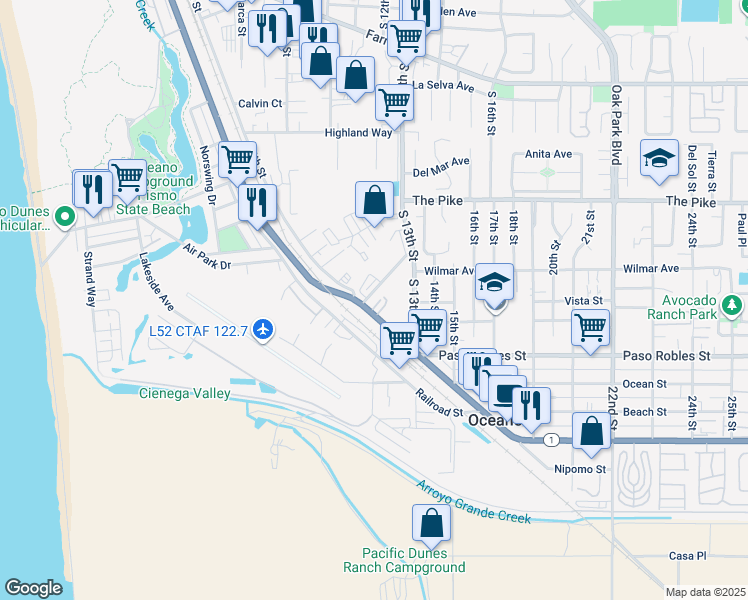 map of restaurants, bars, coffee shops, grocery stores, and more near 1611 Front Street in Oceano