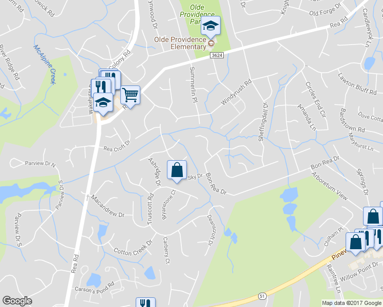 map of restaurants, bars, coffee shops, grocery stores, and more near 7215 Graybeard Court in Charlotte