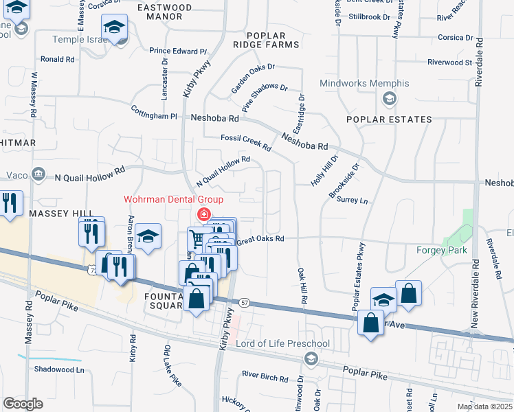 map of restaurants, bars, coffee shops, grocery stores, and more near 6770 Quail Hollow Court in Memphis