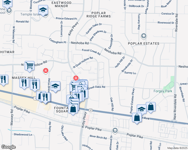 map of restaurants, bars, coffee shops, grocery stores, and more near 6770 Quail Hollow Court in Memphis