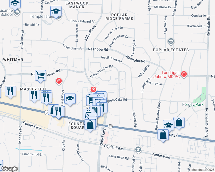 map of restaurants, bars, coffee shops, grocery stores, and more near 6720 Majestic Oak Place in Memphis