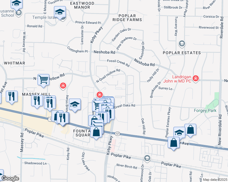 map of restaurants, bars, coffee shops, grocery stores, and more near 6720 Majestic Oak Place in Memphis