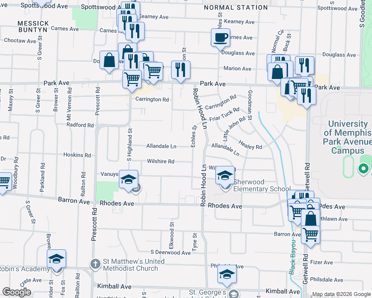 map of restaurants, bars, coffee shops, grocery stores, and more near 3635 Allandale Lane in Memphis