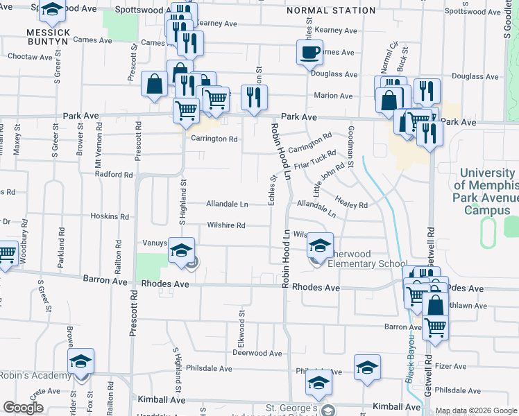 map of restaurants, bars, coffee shops, grocery stores, and more near 3635 Allandale Road in Memphis