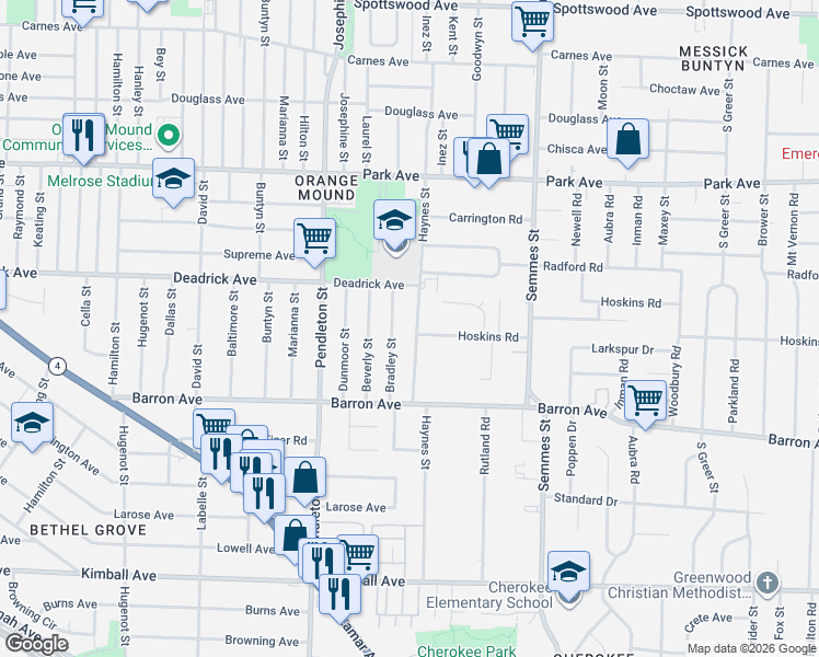 map of restaurants, bars, coffee shops, grocery stores, and more near 1052 Bradley Street in Memphis