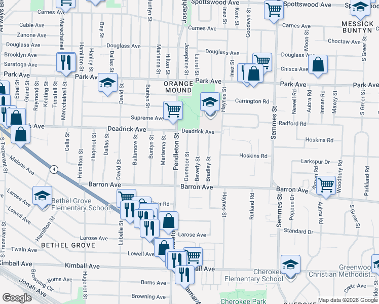 map of restaurants, bars, coffee shops, grocery stores, and more near 1542 Dunmoor Street in Memphis