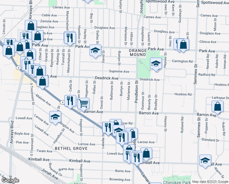 map of restaurants, bars, coffee shops, grocery stores, and more near 1546 Baltimore Street in Memphis