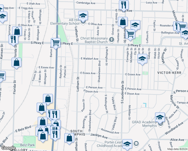 map of restaurants, bars, coffee shops, grocery stores, and more near 1619 Cameron Street in Memphis