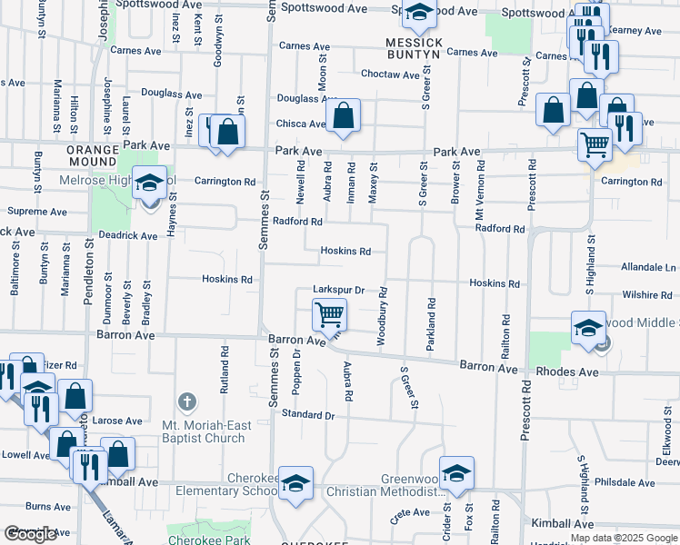 map of restaurants, bars, coffee shops, grocery stores, and more near 3141 Hoskins Road in Memphis