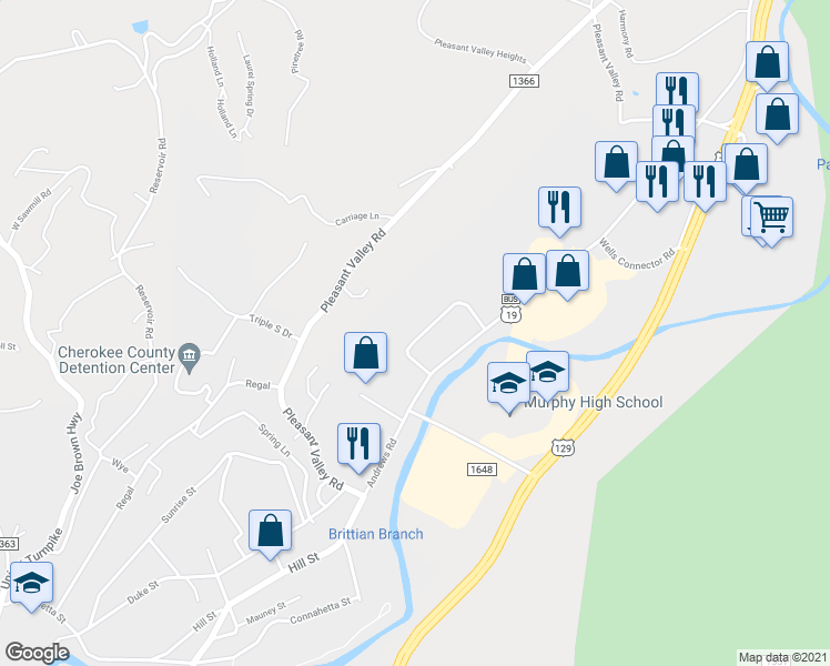 map of restaurants, bars, coffee shops, grocery stores, and more near 125 Natural Springs Drive in Murphy